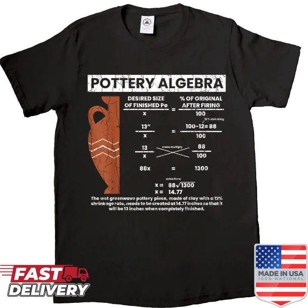 Pottery-themed graphic shirt featuring the phrase 'Pottery Algebra' with illustrations