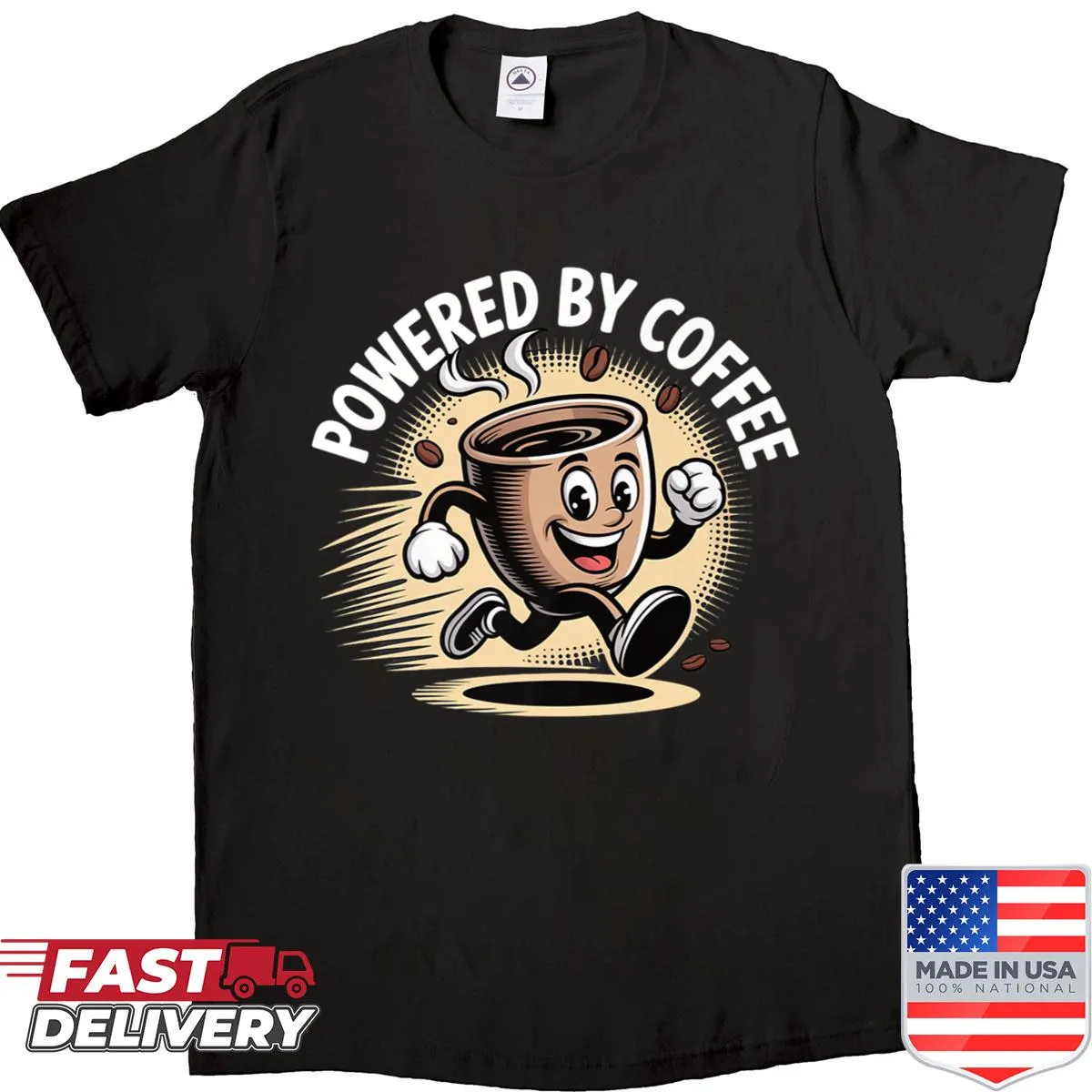 Cartoon coffee cup running design on a coffee lover's shirt