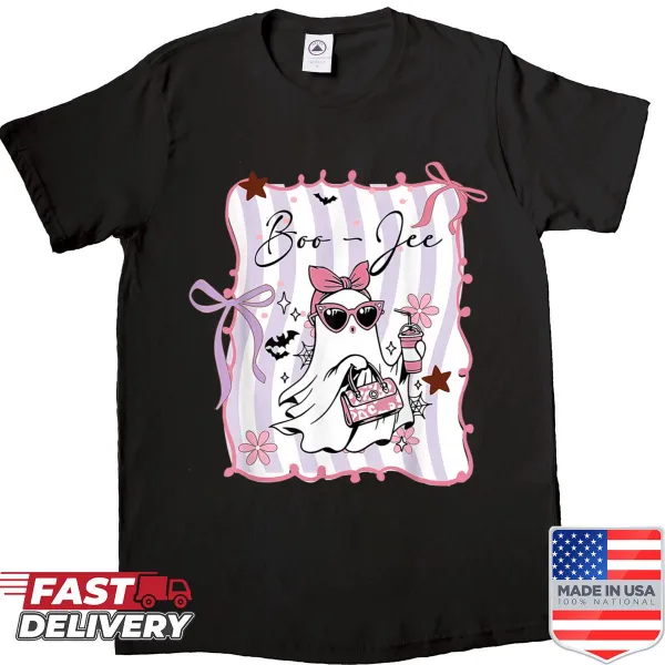 Chic Halloween shirt featuring the phrase 'Boo Jee' with playful motifs in a coquette style.
