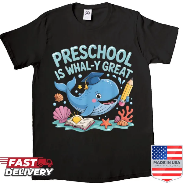 Whale-themed teacher shirt with the phrase 'Preschool Is Whale-y Great'