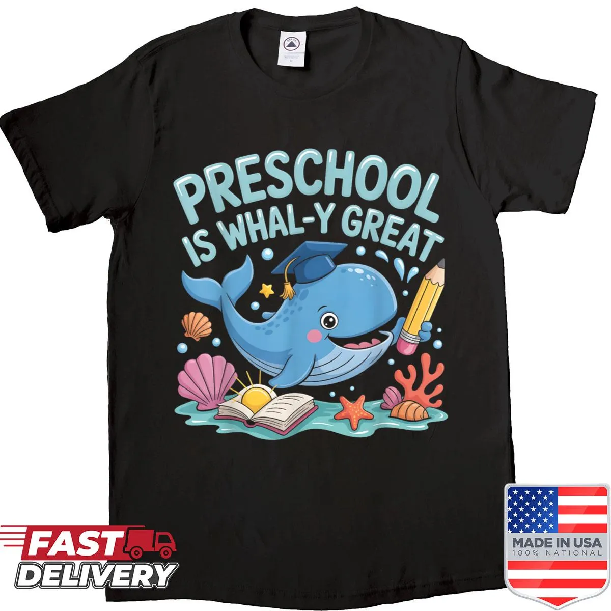 Whale-themed teacher shirt with the phrase 'Preschool Is Whale-y Great'