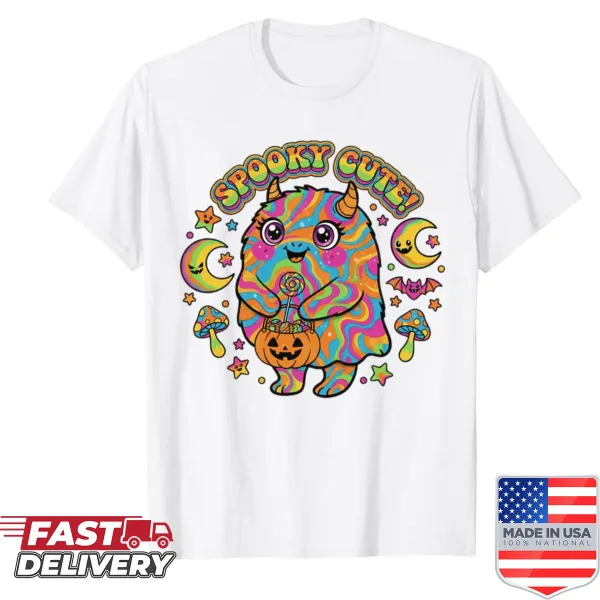 Psychedelic illustration of a cute monster on a t-shirt