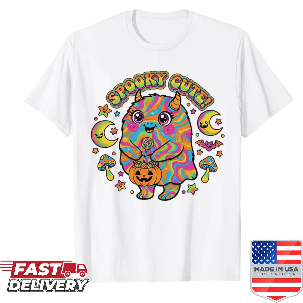 Psychedelic illustration of a cute monster on a t-shirt