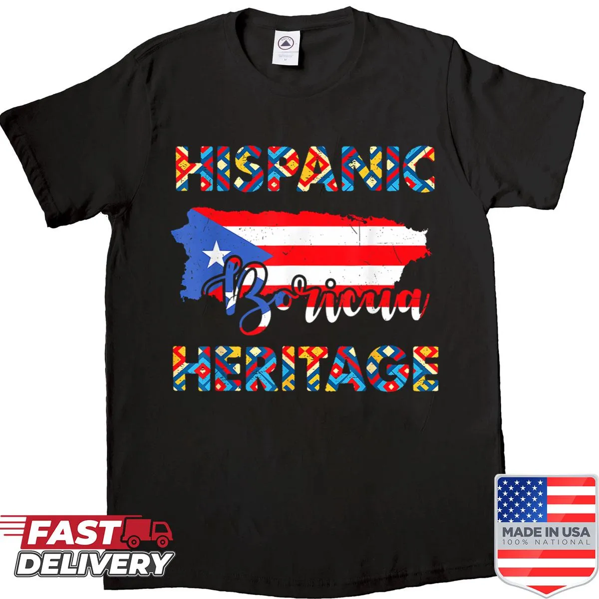 Shirt featuring the Puerto Rico flag design celebrating heritage.