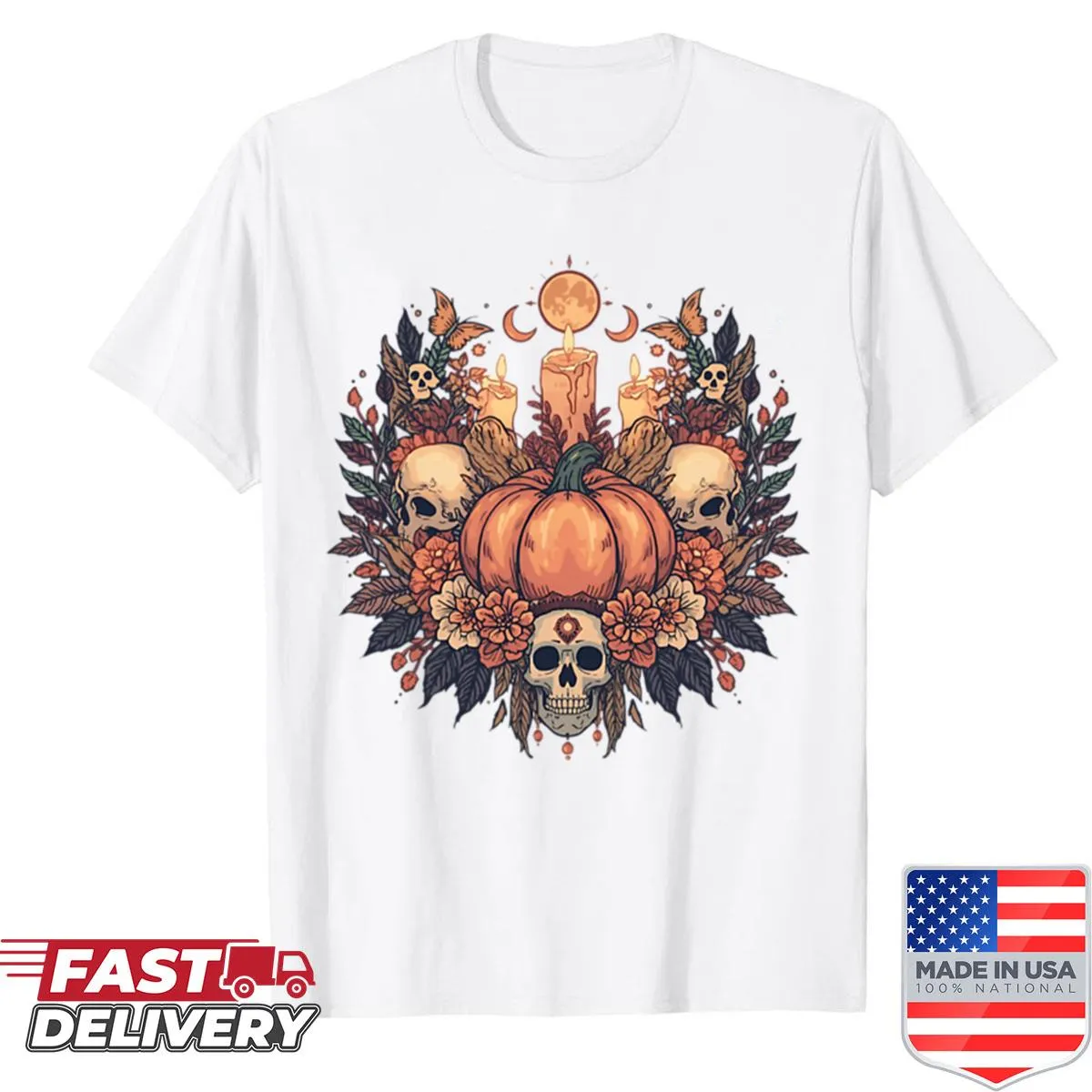 Autumn-themed t-shirt featuring pumpkins and floral designs