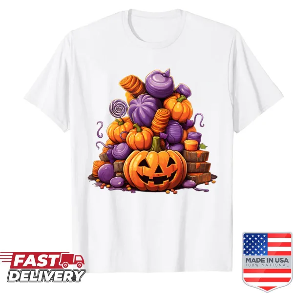 Oversized shirt with a pumpkin filled with candy for Halloween