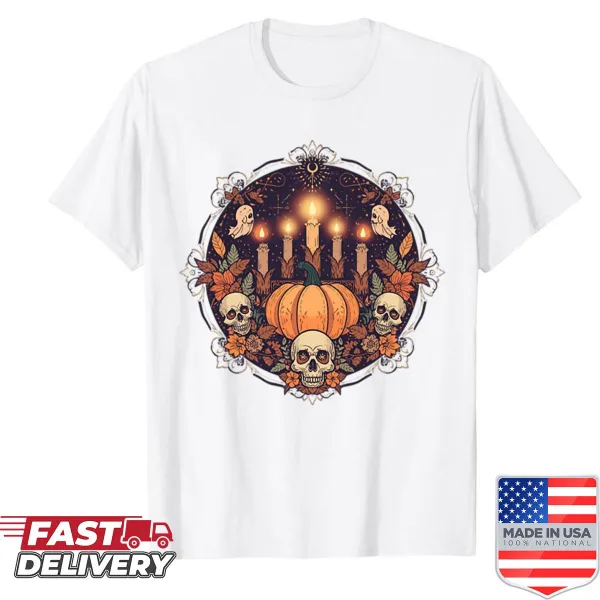 Autumn shirt with pumpkins, candles, and floral night illustration