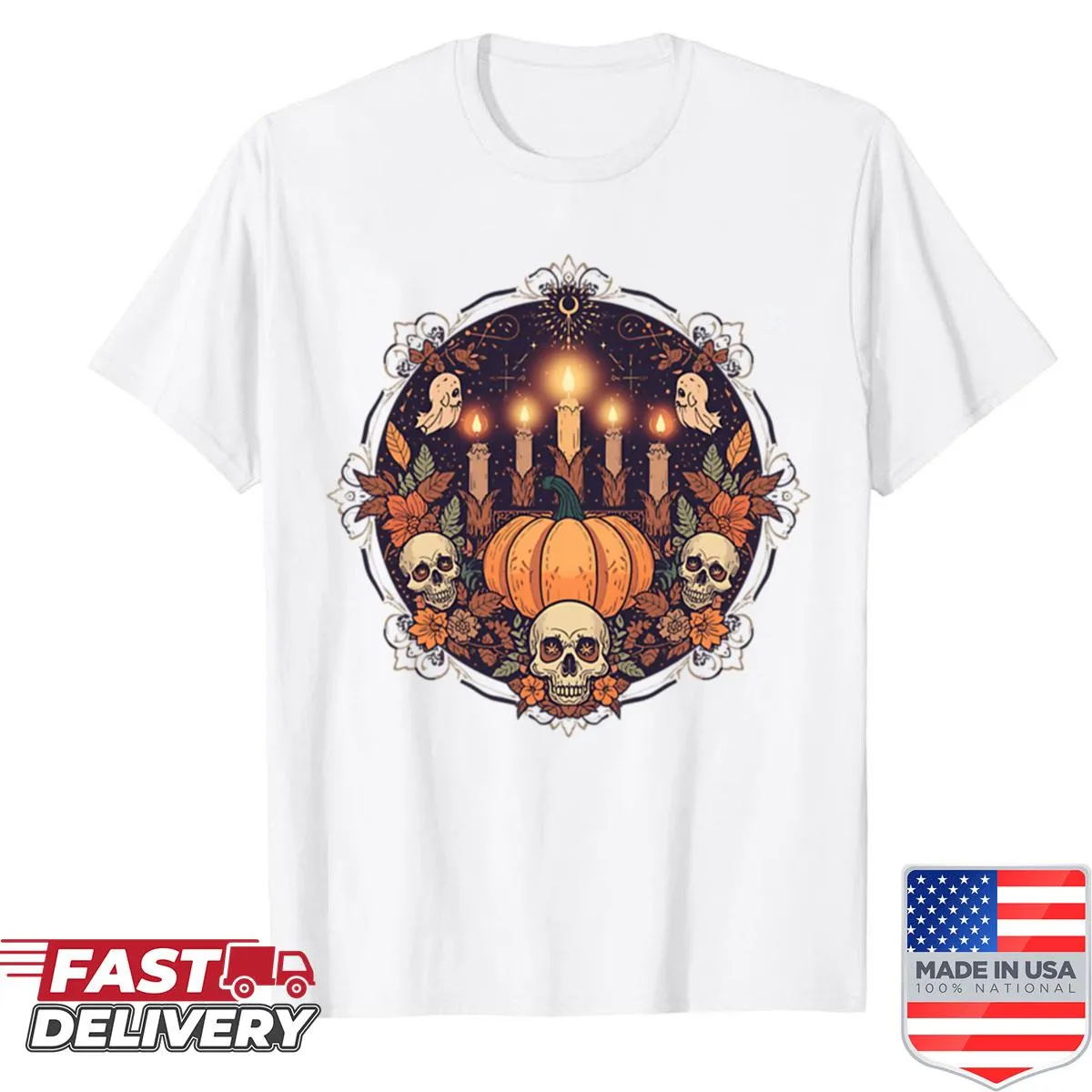 Autumn shirt with pumpkins, candles, and floral night illustration