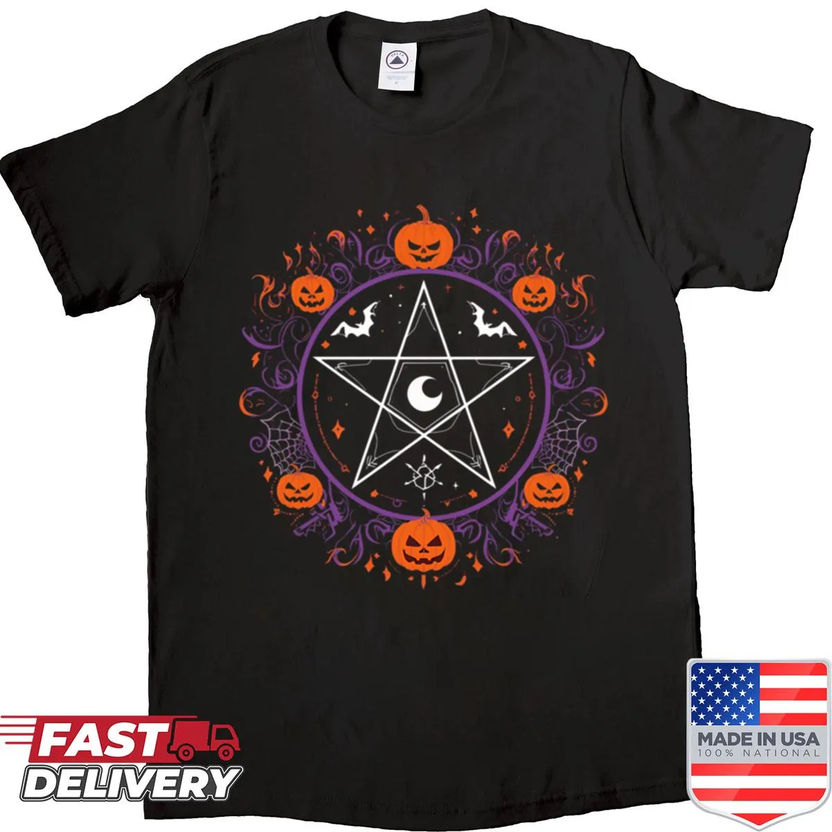 Halloween shirt featuring a pumpkin eclipse and mystical stars