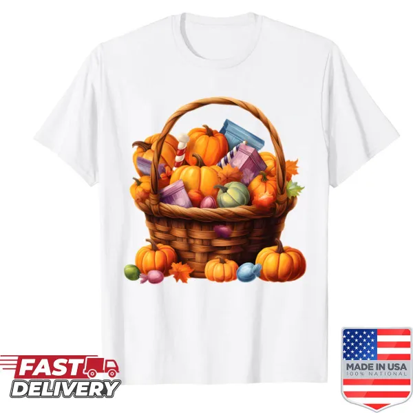 Oversized shirt featuring a pumpkin basket filled with treats