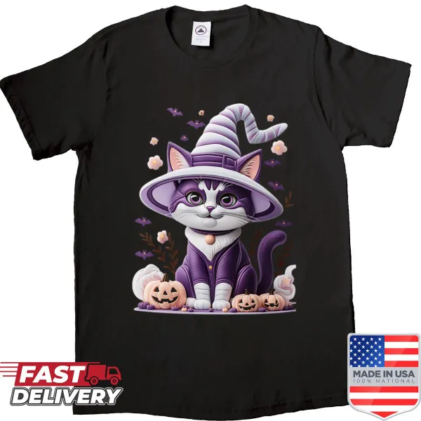 Purple Halloween shirt featuring a cute witch cat illustration