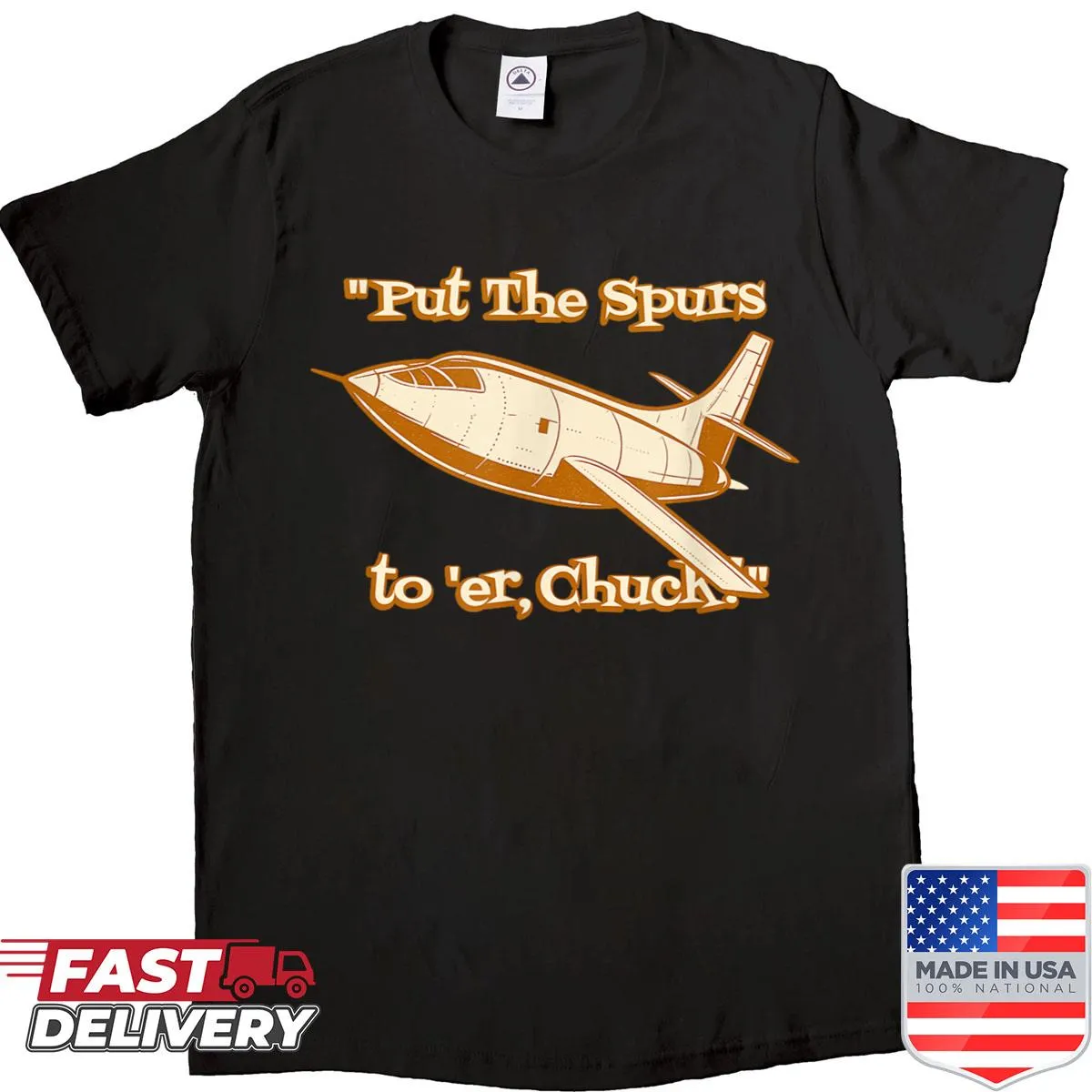 Graphic shirt featuring a rocket plane and adventurous text