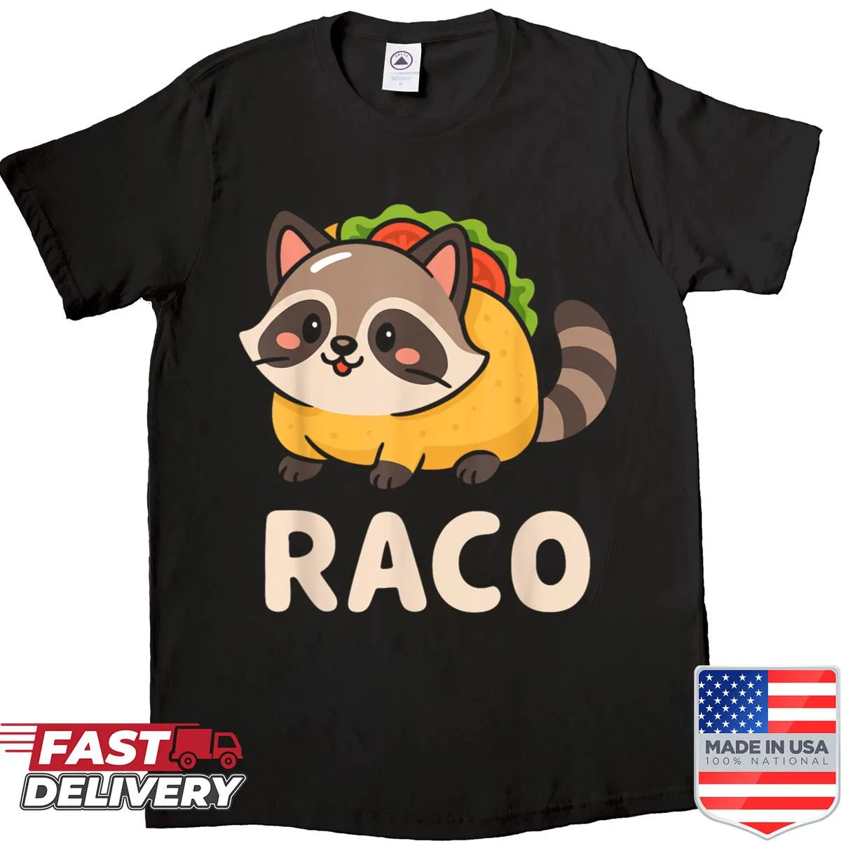 Kawaii raccoon graphic enjoying tacos on a kids shirt