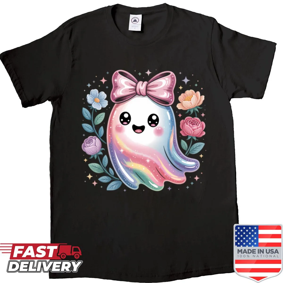 Cartoon rainbow ghost graphic on a Halloween shirt, designed for fun.