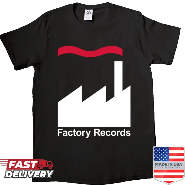 Music-themed shirt with record factory design and bold typography