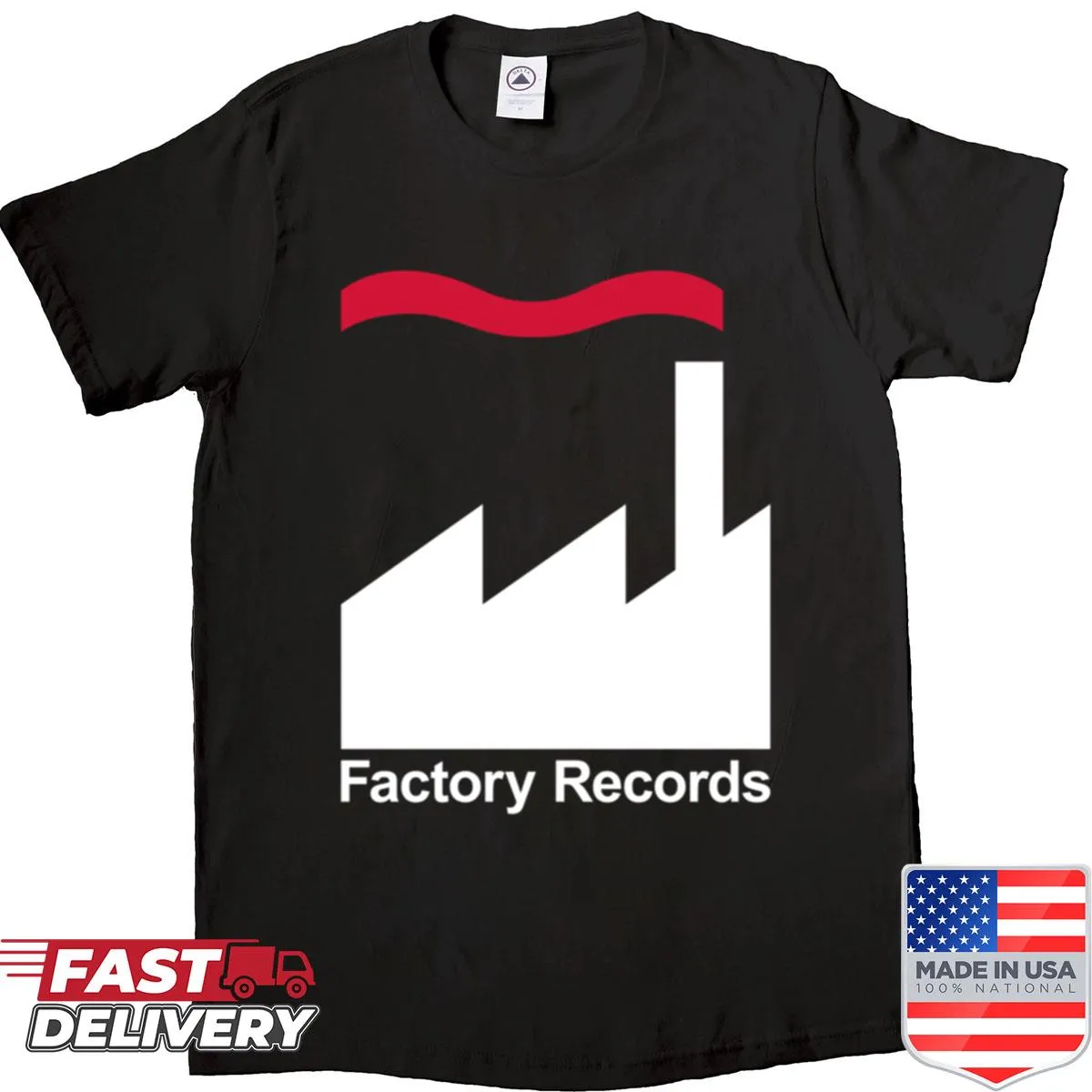 Music-themed shirt with record factory design and bold typography