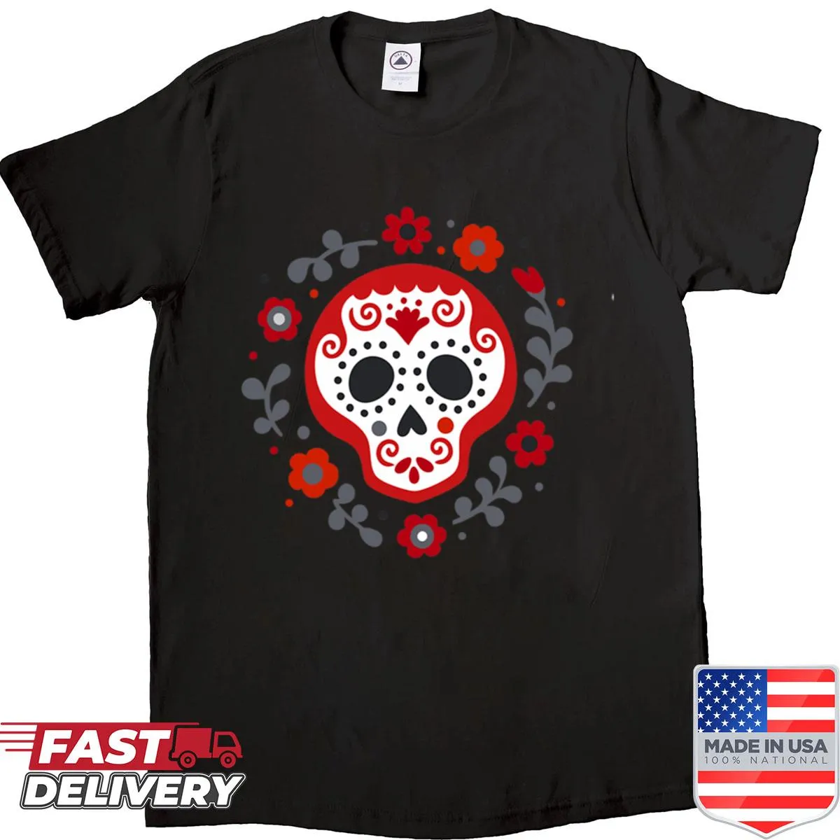 T-shirt featuring a red Mexican skull design for Dia de Muertos