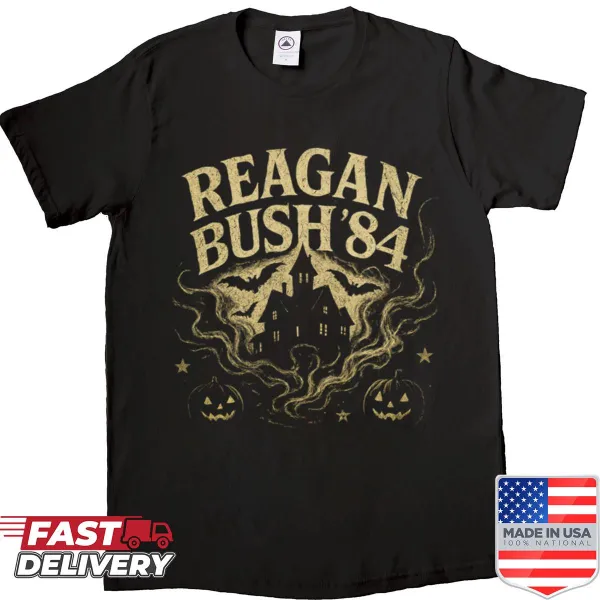 Shirt featuring a spooky illustration of the White House with 1984 references.