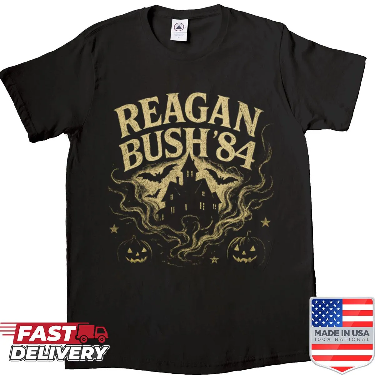 Shirt featuring a spooky illustration of the White House with 1984 references.