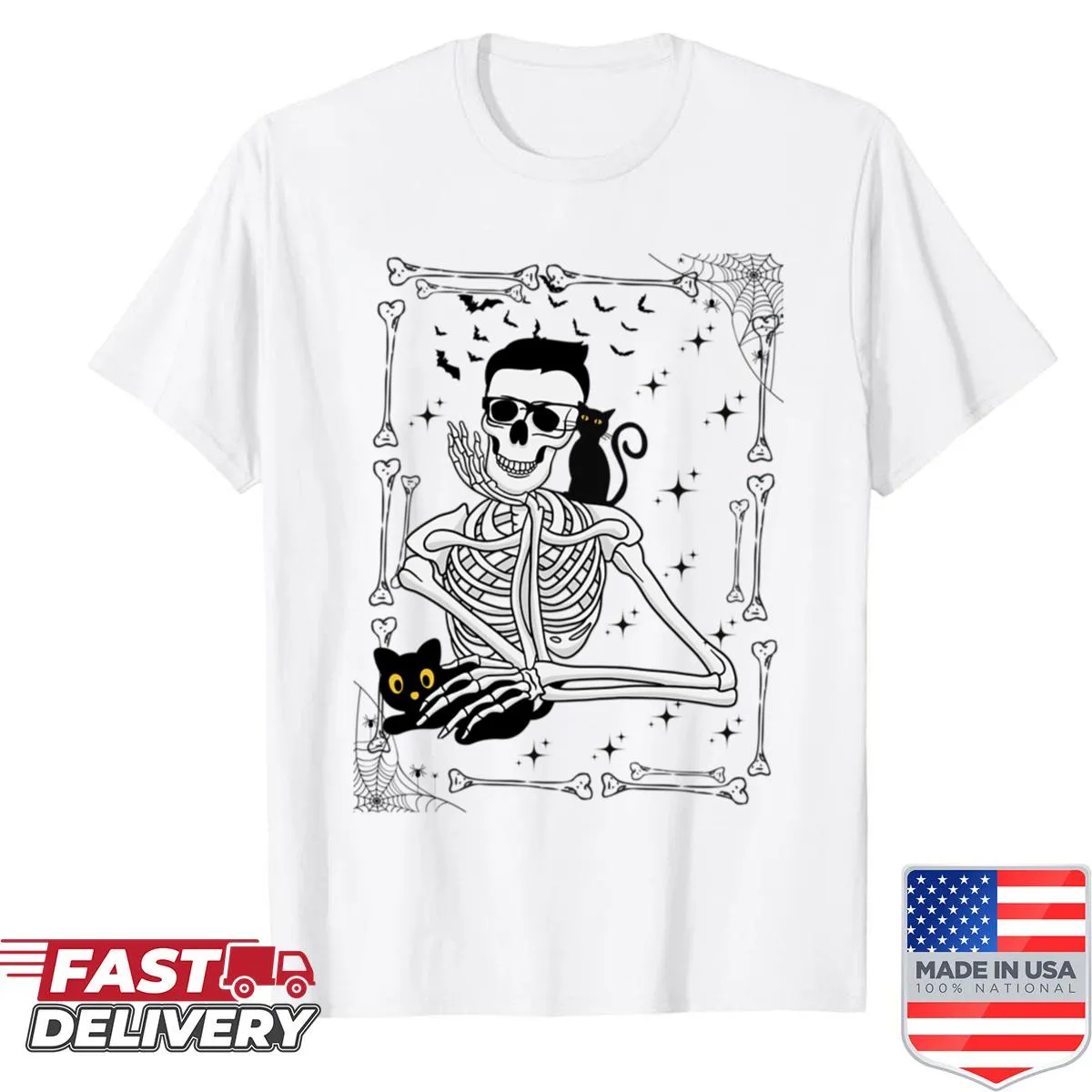 Cartoon skeleton in sunglasses with Halloween vibes graphic t-shirt