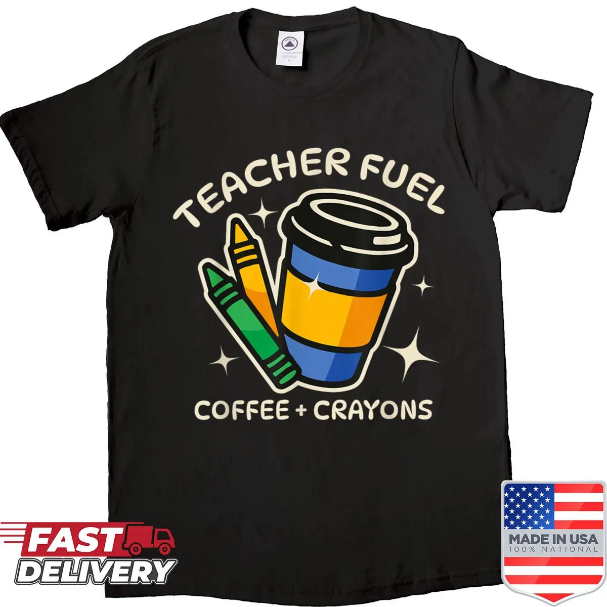 Teacher shirt with retro typography about coffee and crayons