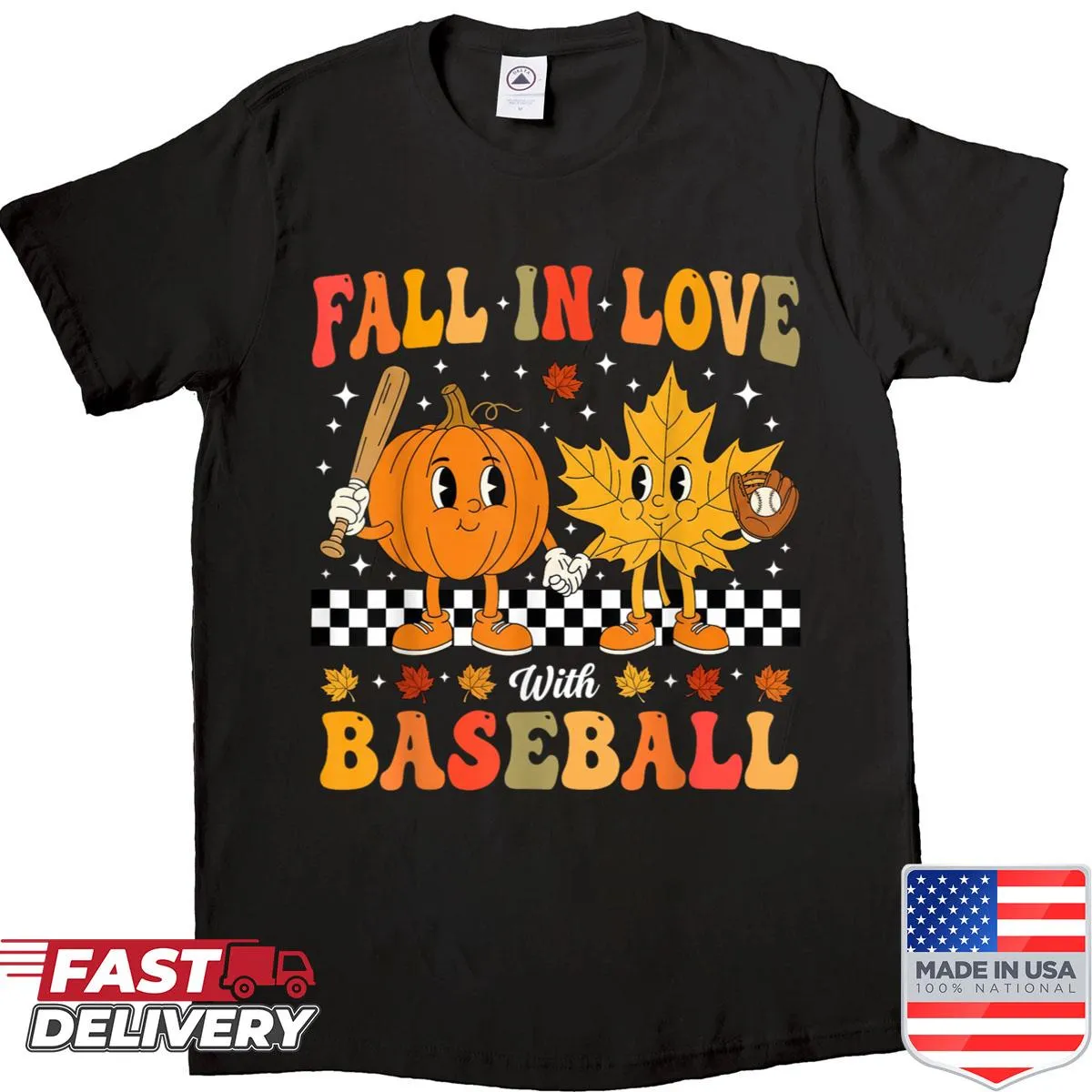 Halloween shirt combining baseball and autumn pumpkin graphics