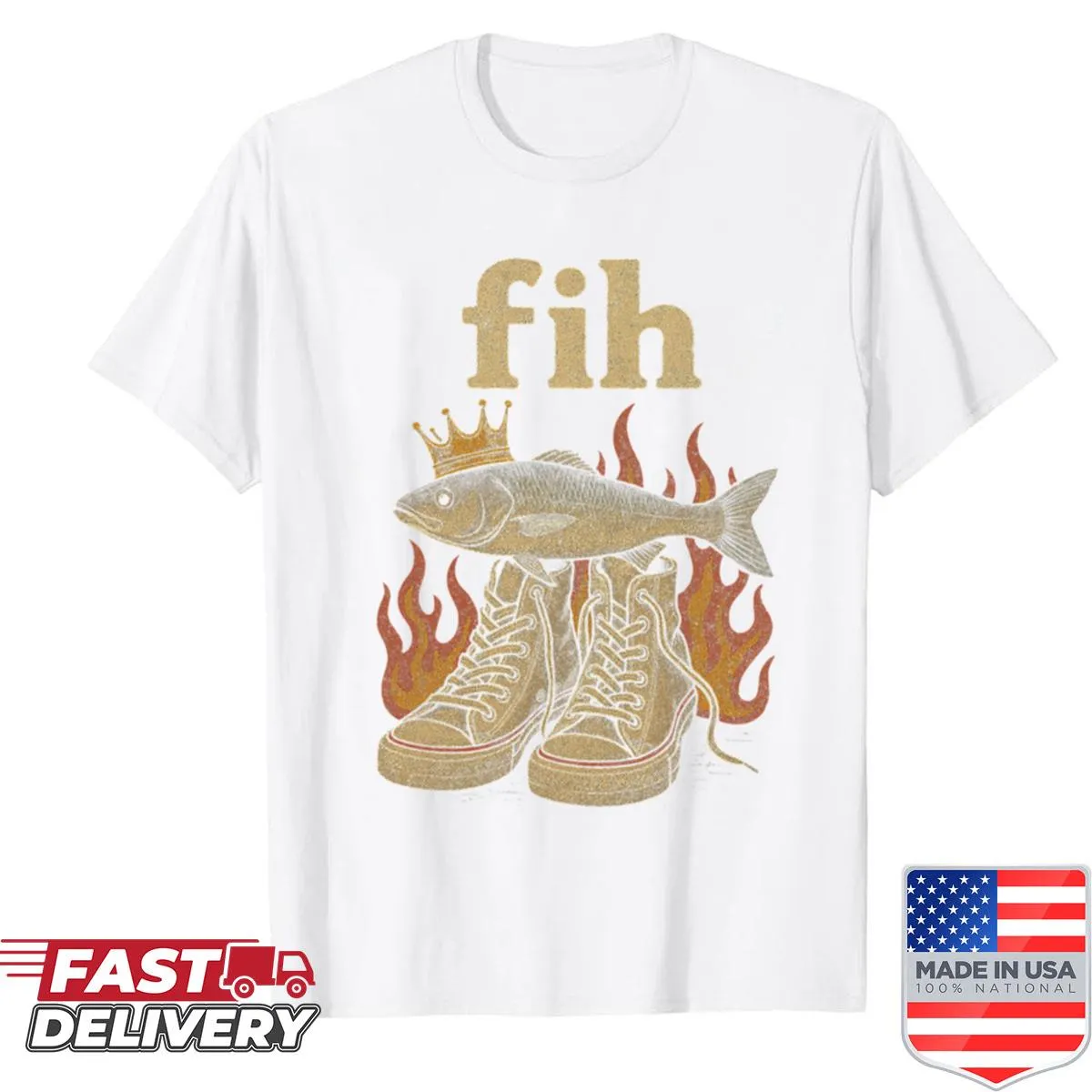 Cartoon-style shirt featuring a whimsical crowned fish graphic