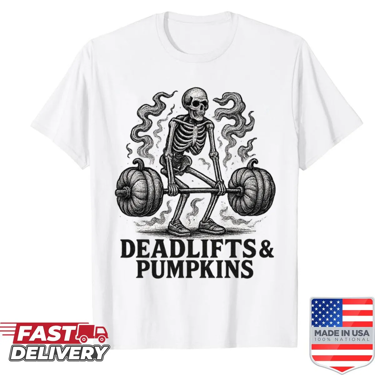 Illustrated skeleton deadlifting pumpkins on a fitness shirt