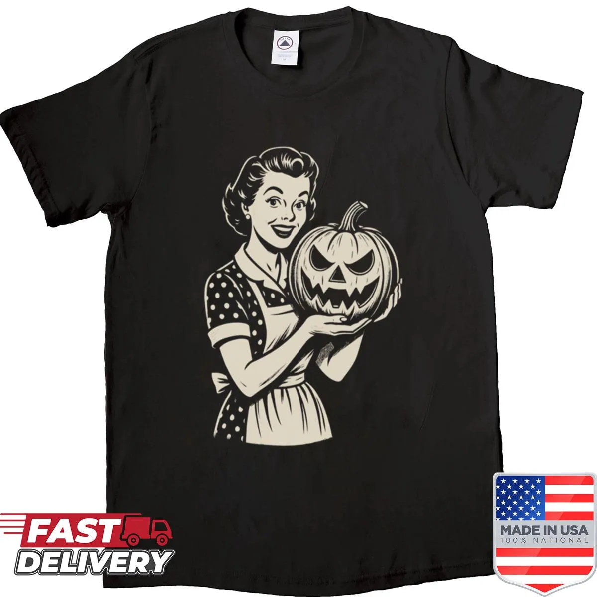 Vintage Halloween shirt with housewife and jack-o'-lantern illustration