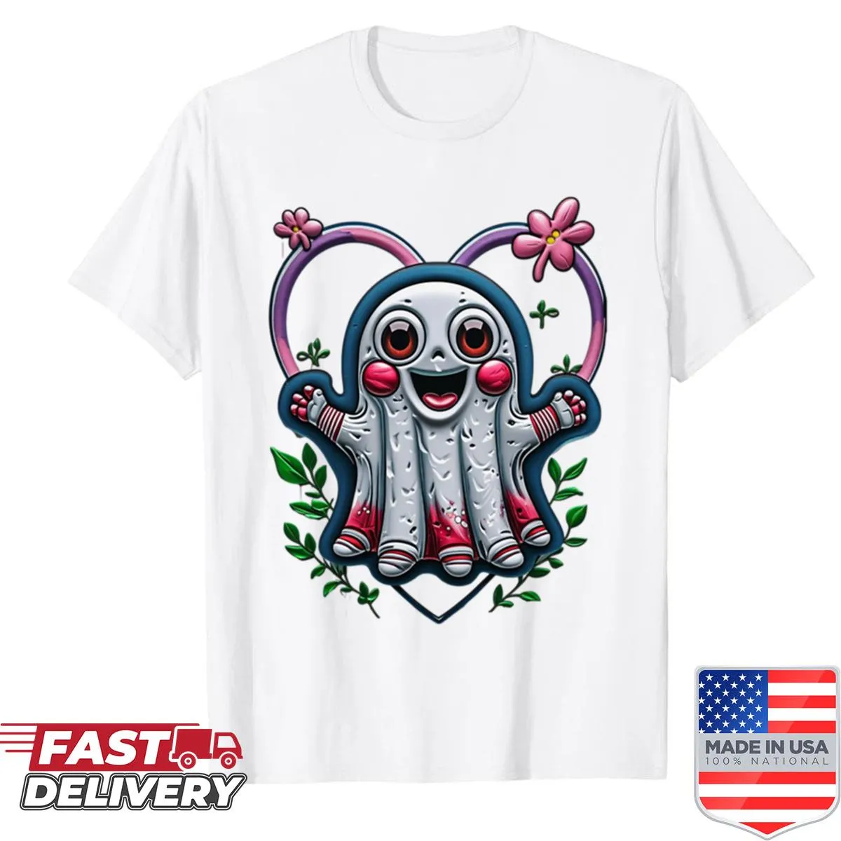Cute ghost illustration with hearts and flowers on a shirt