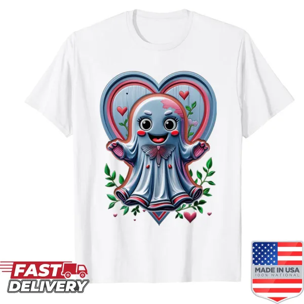 Cute ghost holding a heart illustration on shirt