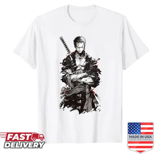 Illustration of Roronoa Zoro from One Piece on shirt