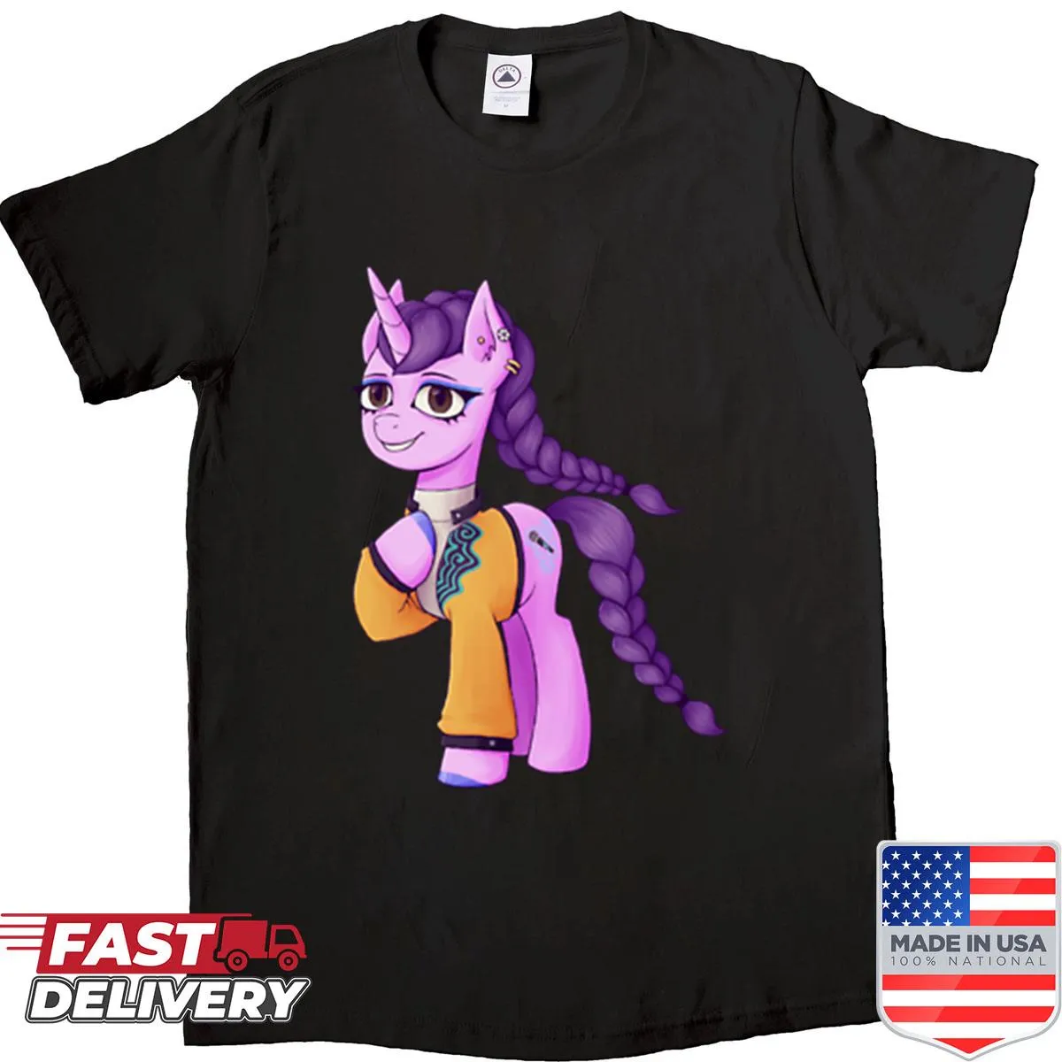 Cartoon shirt of Huntrix characters as ponies