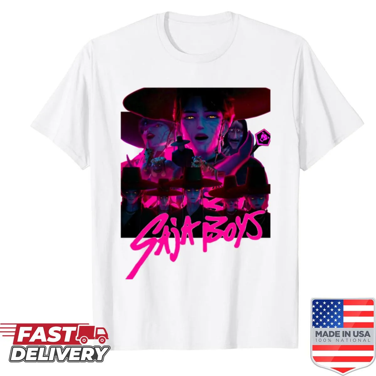 Kpop-themed shirt featuring Saja Boys and demon hunter design
