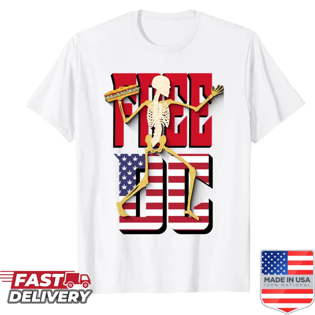 Bold skeleton holding a sandwich on funny t-shirt