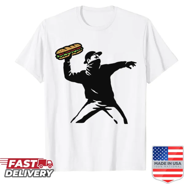 Humorous design of a character throwing sandwiches on t-shirt