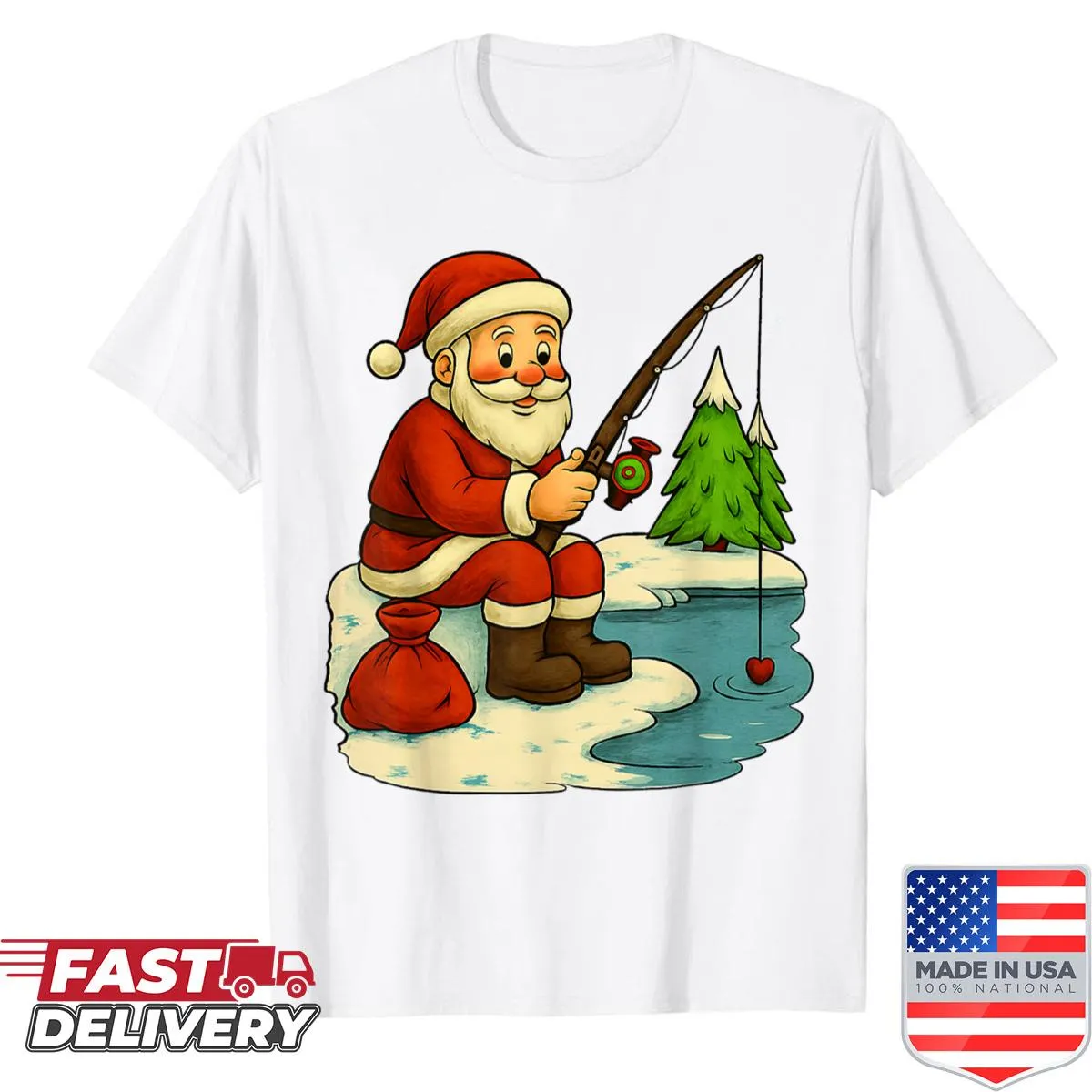 Kids shirt featuring Santa fishing for a humorous Christmas vibe