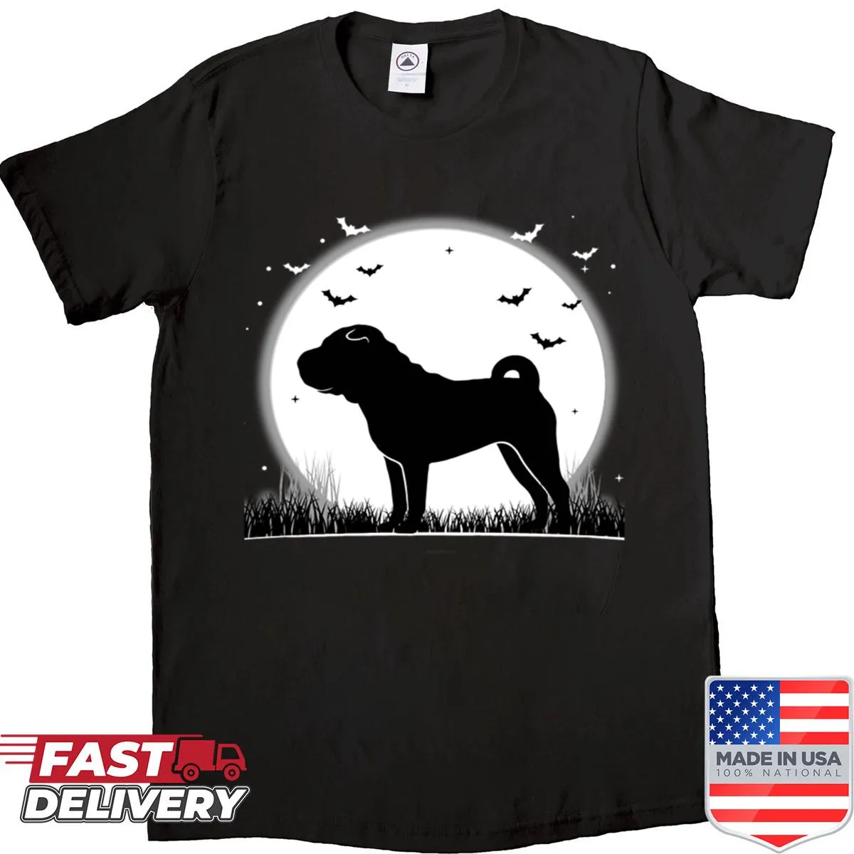 Shar Pei silhouette in front of a full moon for Halloween