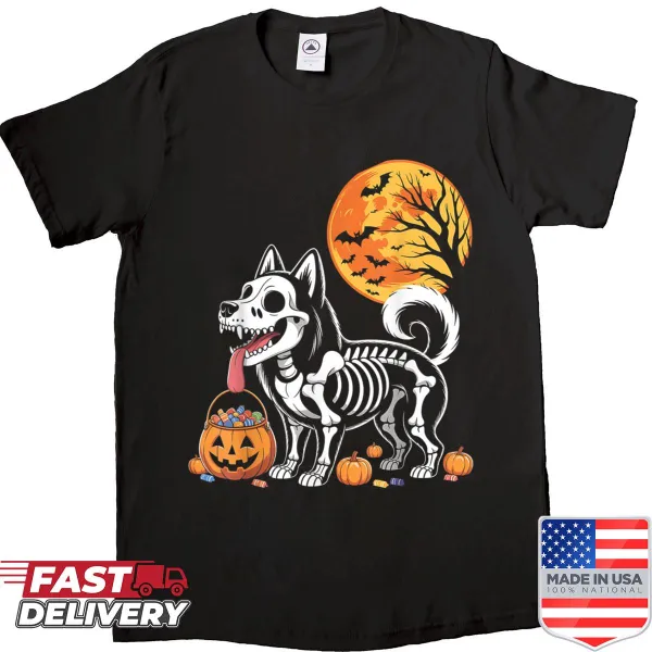 Siberian Husky skeleton on a pumpkin with a moon for Halloween