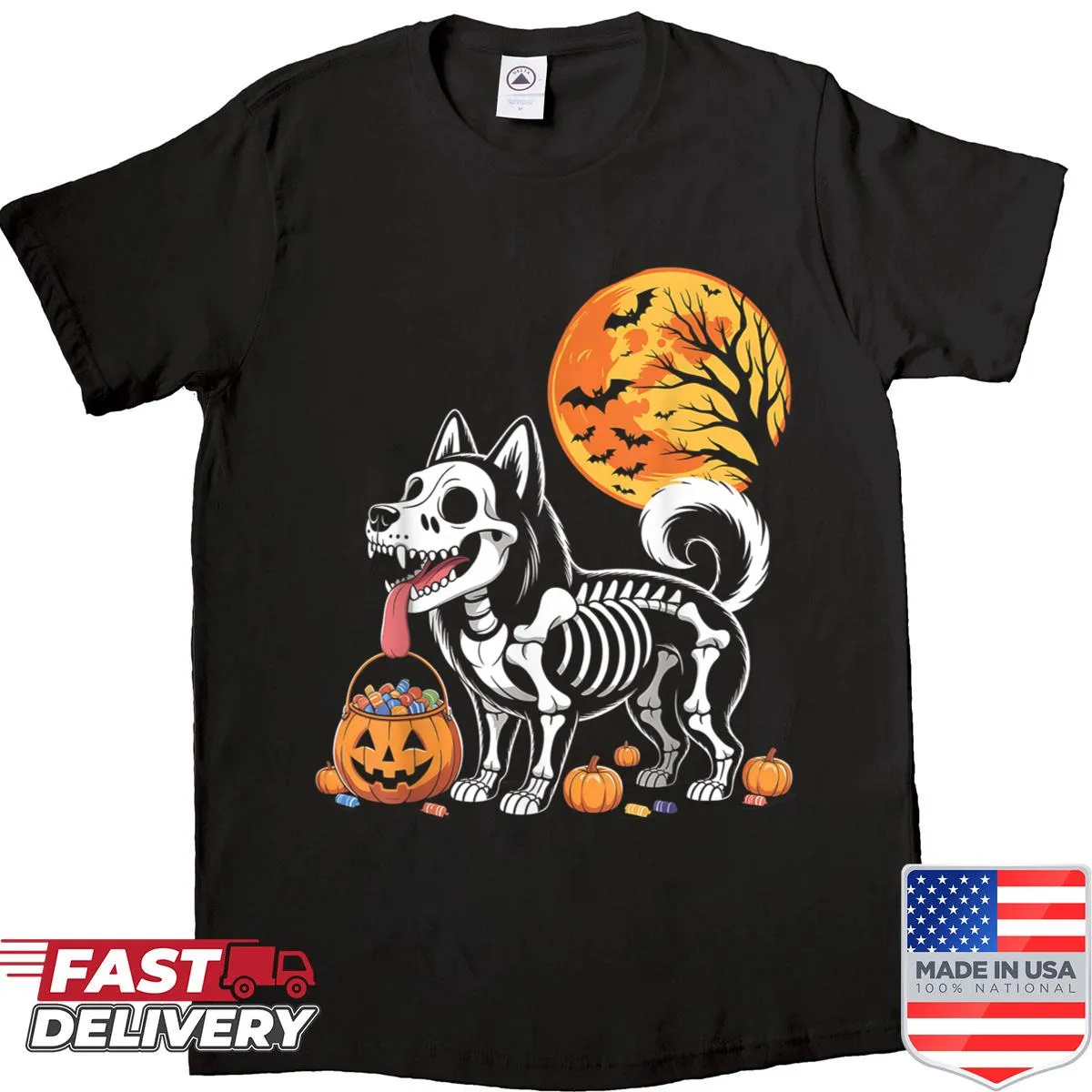 Siberian Husky skeleton on a pumpkin with a moon for Halloween