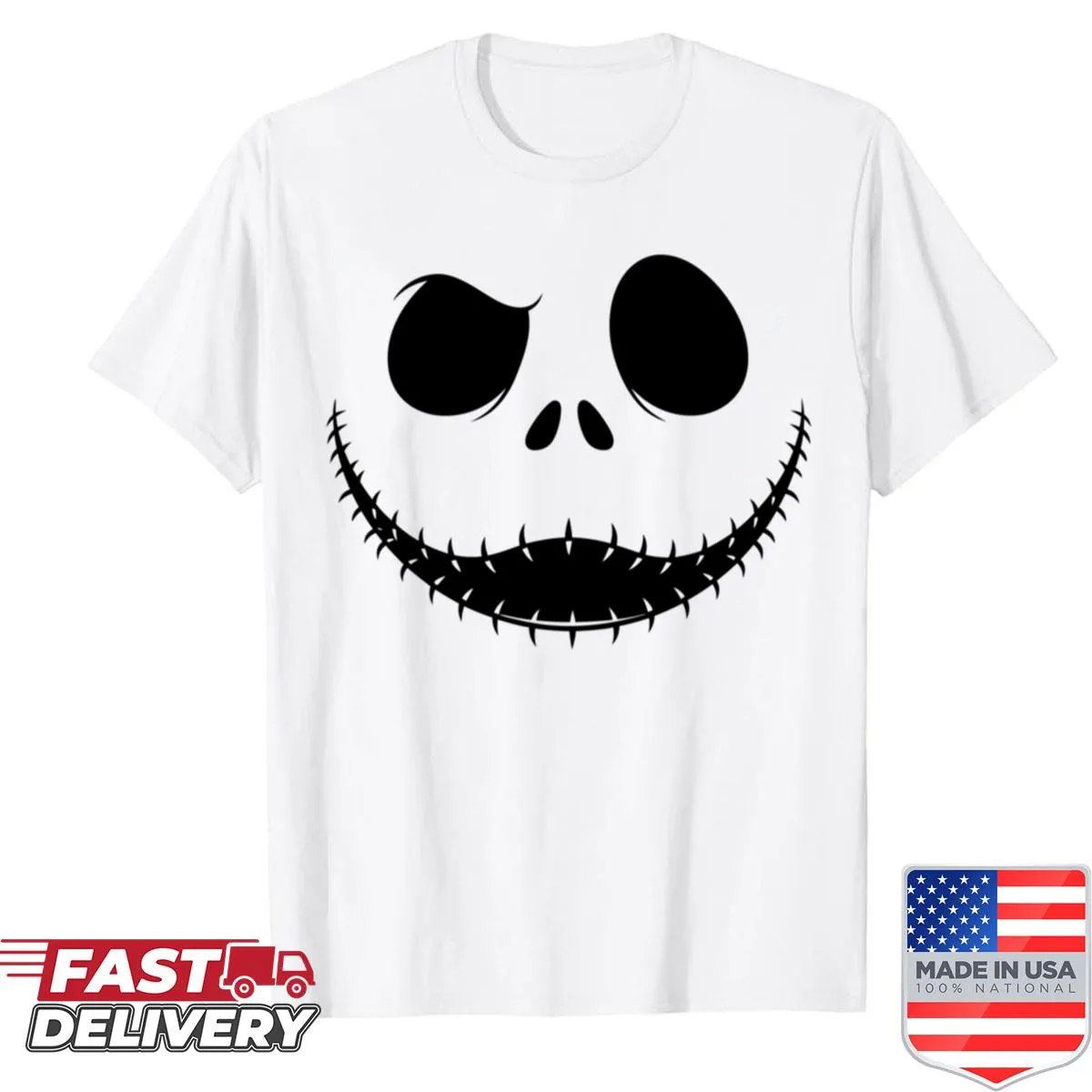 Halloween shirt with sinister skull and stitched smile design