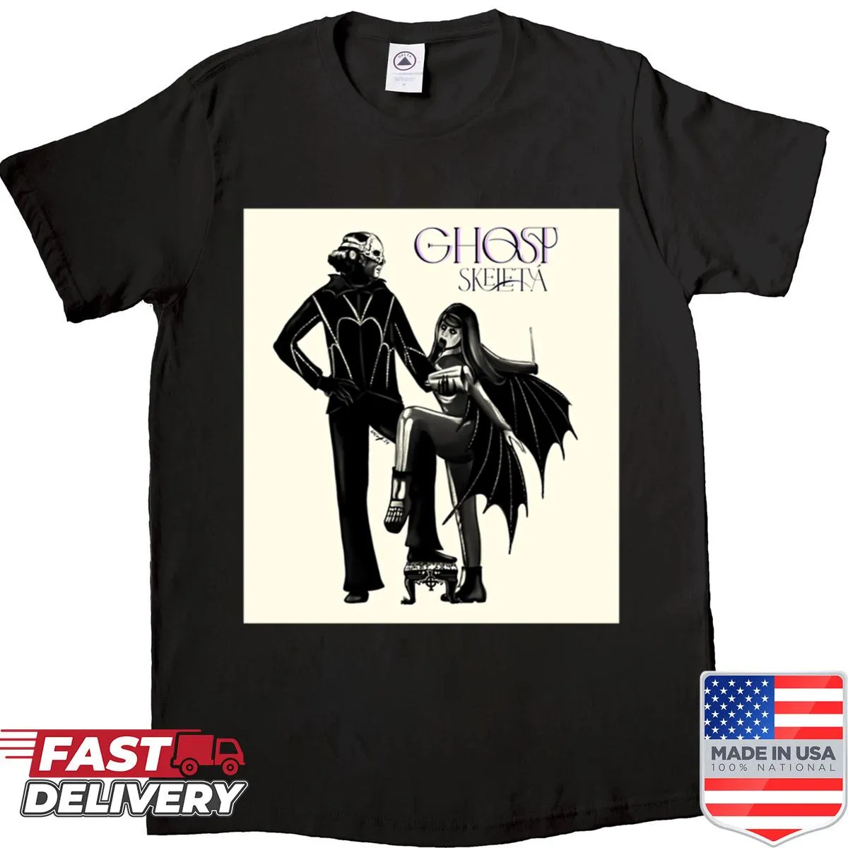 Skull-themed music shirt design inspired by classic rock