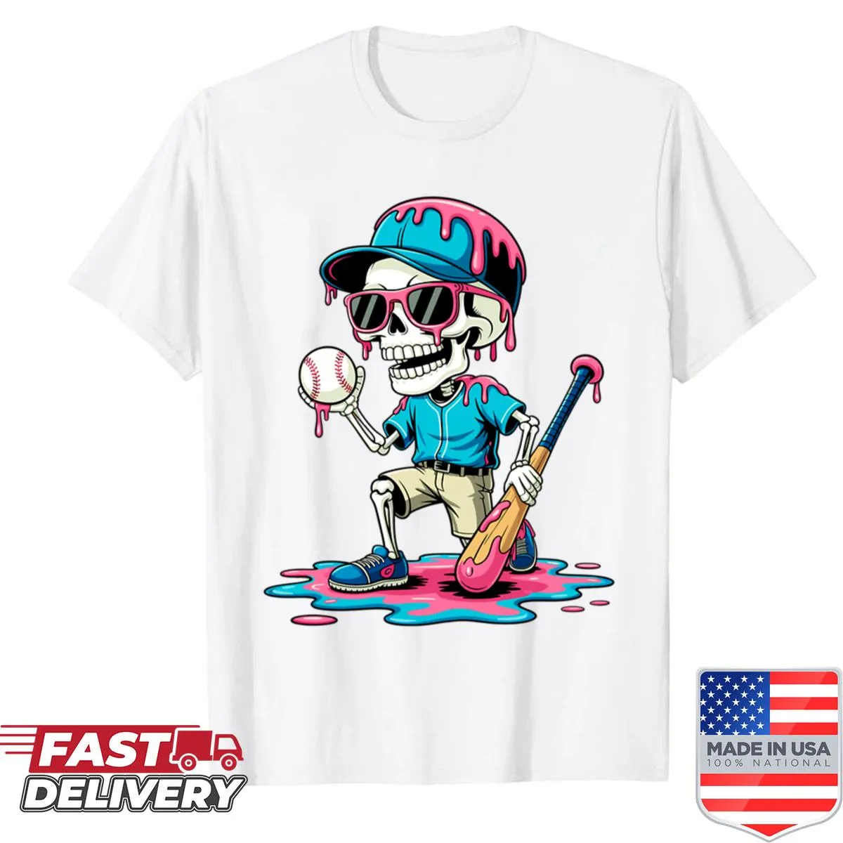 Funny Halloween shirt with a cartoon skeleton in baseball outfit