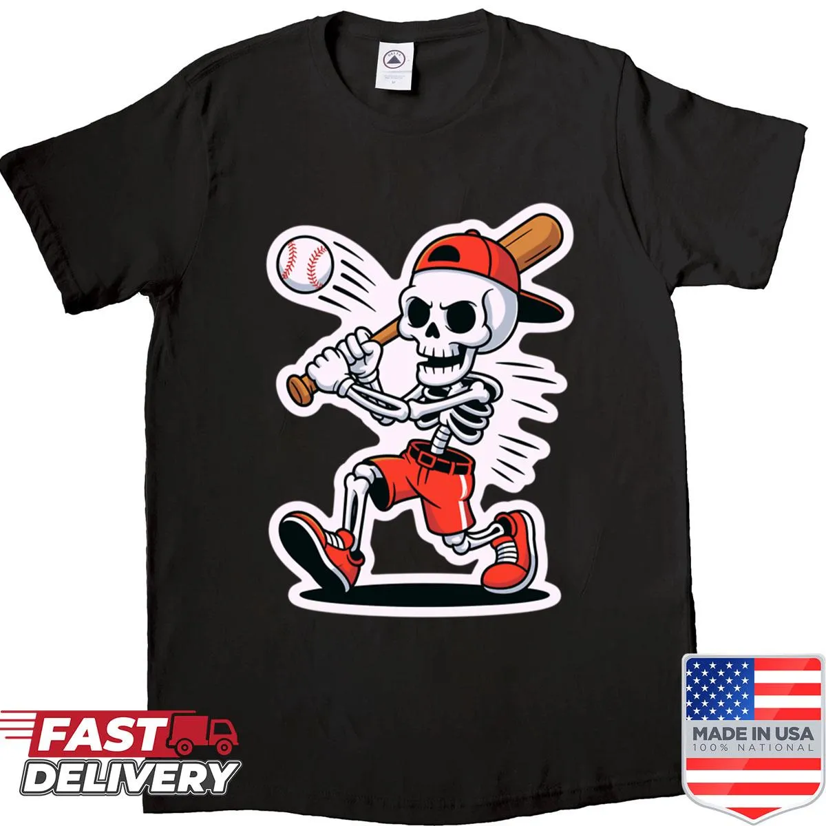 Cartoon skeleton baseball player in action