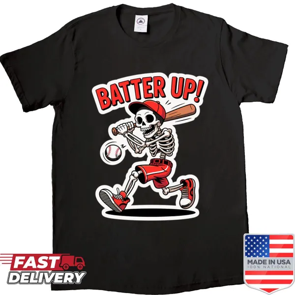 Cartoon skeleton baseball player illustration on a shirt