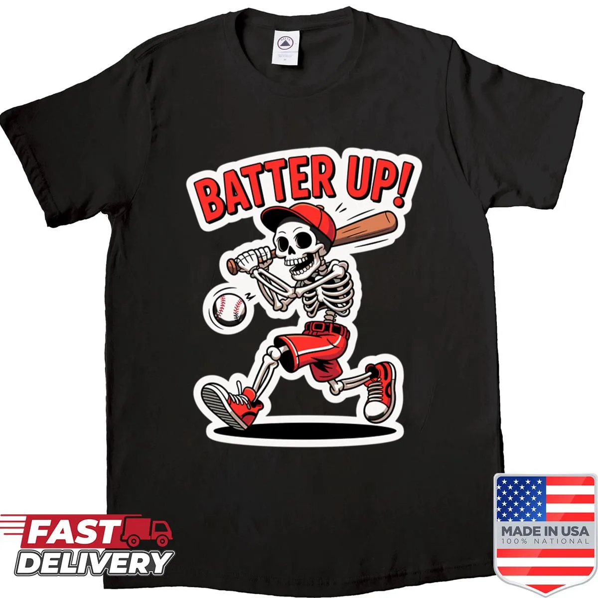 Cartoon skeleton baseball player illustration on a shirt