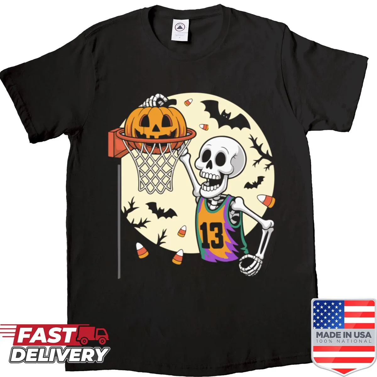Skeleton dunking pumpkin design Halloween T-shirt