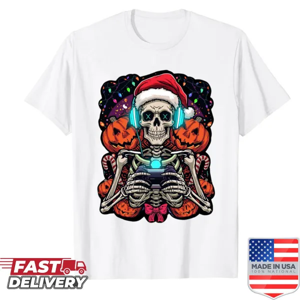 Cartoon shirt featuring a skeleton gamer in festive attire