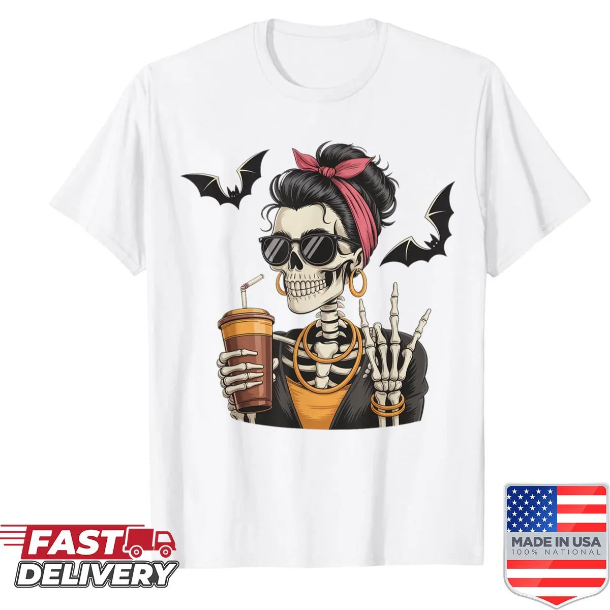 Skeleton girl graphic with coffee and peace sign for women