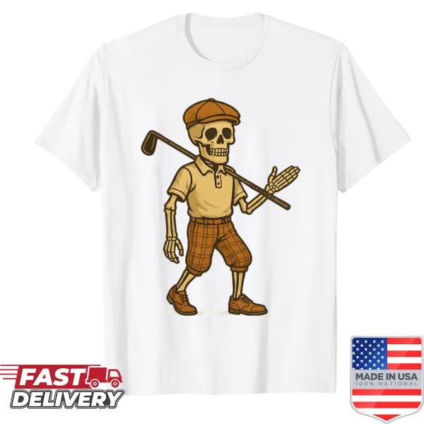 Whimsical skeleton golfer shirt with Halloween-themed graphics.
